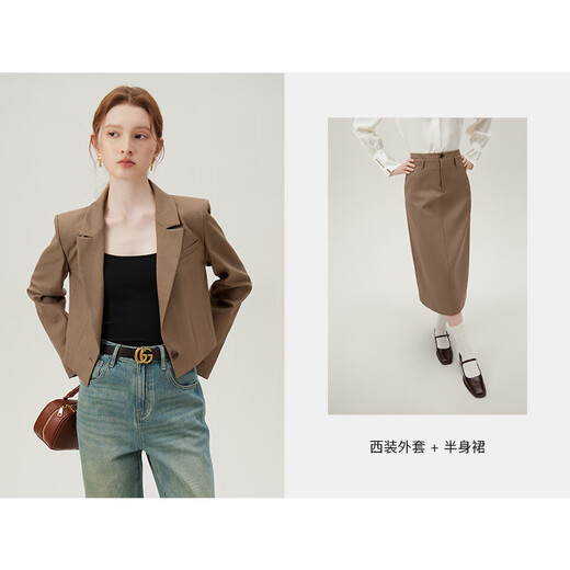 范思蓝恩设计感短款小西装外套女春装职业面试西服套装24FS11162 桦木棕-半裙 XS