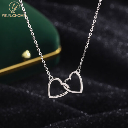 YIZUN. CHOMEL 999 pure silver love double ring necklace for women ins niche heart-to-heart pendant necklace as a Valentine's Day gift for your girlfriend 999 pure silver - love double ring necklace - silver white