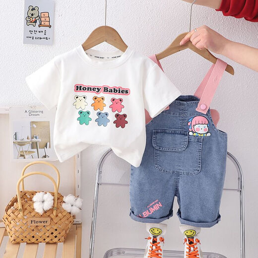 Kexin baby girl suit 2024 new short-sleeved fashionable cute overalls for children's summer two-piece girls' clothes blue 90 size recommended for 1-2 years (about 85 height)