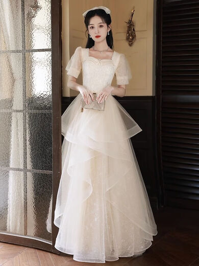 Hanyu annual meeting dress for women 2024 new style can be worn in daily life champagne color evening dress skirt high-end niche high-end sense graduated into champagne color S