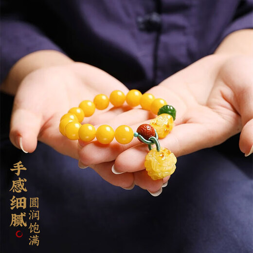 Longyin Natural Beeswax Bracelet Pixiu Amber Bracelet for Men and Women Baltic Chicken Butter Yellow Birthday Gift YJ 10mm
