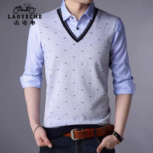 Classic Car (Laoyeche) High-End-Herren-T-Shirt mit falschem zweiteiligen Langarm Jugend-Basishemd Korean Slim Strick-Modetrendmodell 3878 Blau M 165