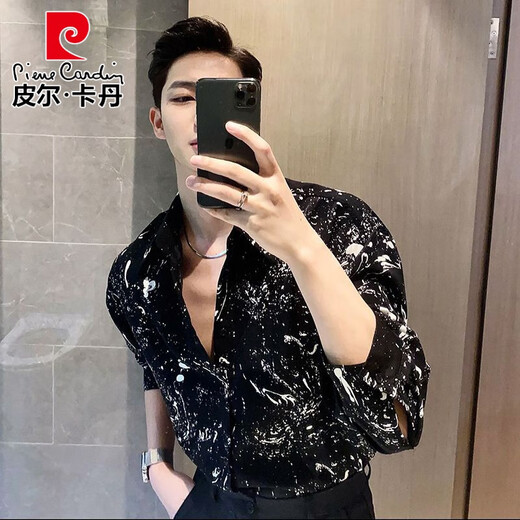 Pierre Cardin Spring and Autumn New Internet Celebrity Long Sleeve Floral Shirt Men's Fashion Dark Ice Silk Shirt Retro Niche Bottoming Shirt Nightclub Black XL 145-168Jin Jin is equal to 0.5 kg