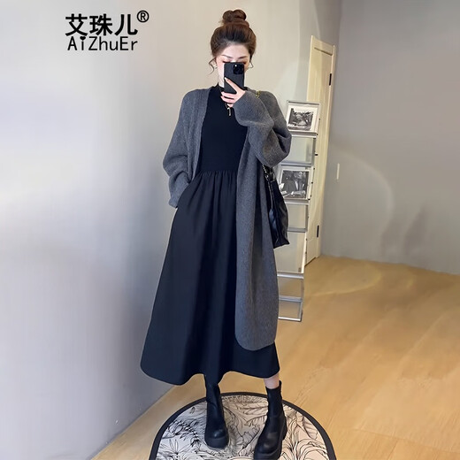 Aizhuer Kleid (Aizhuer) neuer Modeanzug für Frühling und Herbst 2025 Tragen Sie einen kompletten Set kleiner gestrickter Jacke für Frauen Strick -Strickjacke + Kleid (Anzug) l