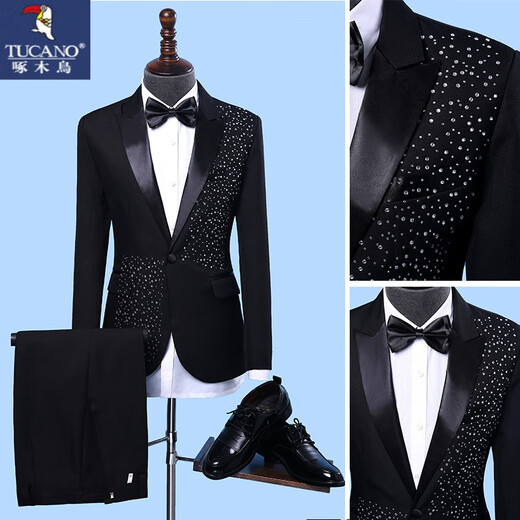 Woodpecker (TUCANO) performance clothing men's brothers sequined suit choir host costume stage dress suit plus size summer black 1 jacket + pants + bow tie 180/XL suitable for weight 170Jin Jin equals 0.5 kg, left and right wear
