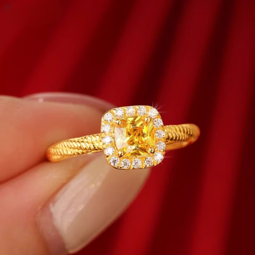 Shixi 999 gold ring female small sugar cube yellow diamond ring for girlfriend imitation gold engagement wedding three gold jewelry