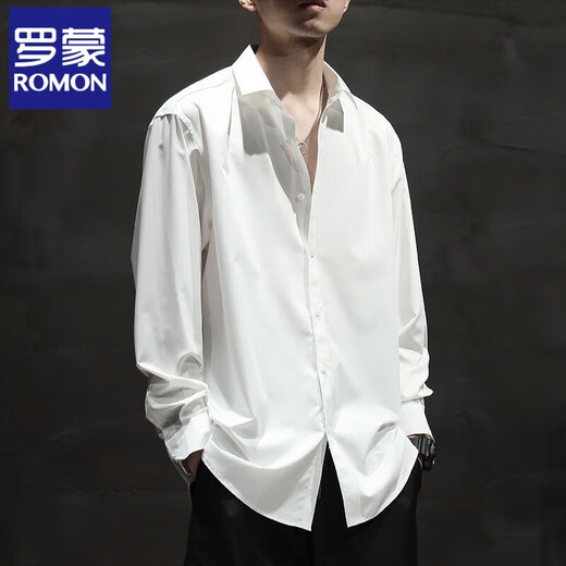 罗蒙（ROMON）夏季冰丝薄款白色长 短袖衬衫外套男大码宽松免烫垂感衬衫 白色【冰丝短】844 2XL 适合140-160斤