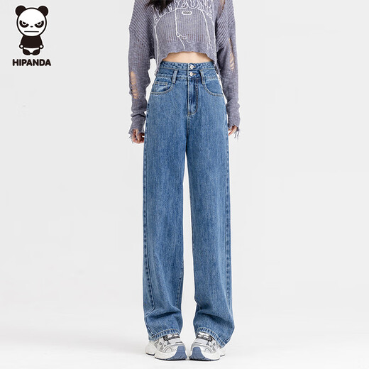 [Qualität neues Produkt] Hipanda Straight Jeans für Frauen im Sommer hoher Taille Doppelknopf lose Schlampenboden mit Breitbeinhose für Frauen dunkelblau m