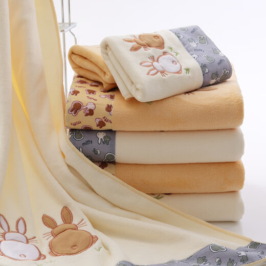 Shantou Lincun Bath Towel Towels are more absorbent than pure cotton for adults, men and women, face wash household quick-drying three-piece swimming set, lint-free, Khaki Cute Rabbit Set (1 bath towel + 1 towel) 70x140cm