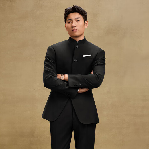 SKARO new Chinese style wool tunic suit male groom wedding high-end retro stand-up collar suit black SKV1011A (two-piece set) size 48 top and trousers size please note