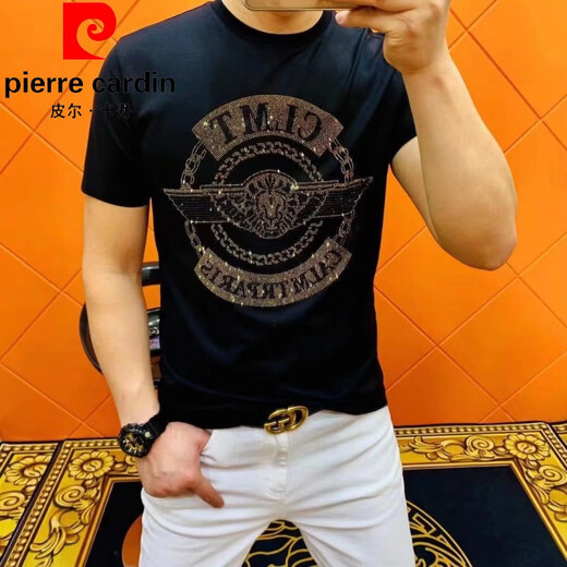 皮尔卡丹（pierre cardin）欧洲站夏季新款半袖体恤男潮牌大码烫钻印花纯棉帽子短袖t恤男士 黑色 L