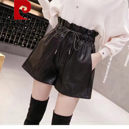 Pierre Cardin Leather Shorts Autumn and Winter Casual Pants Women's Loose Slim Elastic Waist PU Leather Pants Versatile High Waist Wear Wide Leg Pants Boot Pants Flower Bud Style 2XL