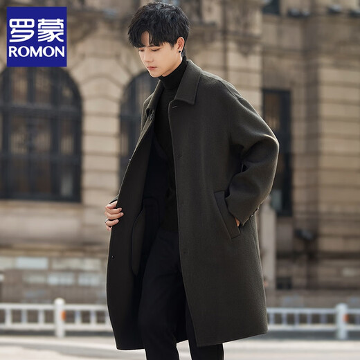 ROMON double-sided velvet pure wool woolen coat for men 2025 new autumn and winter thickened mid-length windbreaker woolen coat for men pickle gray green M (130Jin Jin is equal to less than 0.5 kg)
