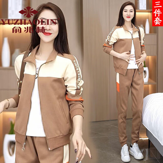 俞兆林春秋运动服套装女2024新款时尚洋气中年装休闲卫衣外套套装  9930三件套橙色[外套+短袖+裤子] 2XL (建议125-140斤)