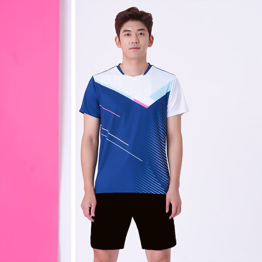 斯塔弗羽毛球服男女排球短袖套装运动服训练服球衣速干透气网球乒乓球服 SSW-3923蓝粉色女+3668白短裤 M码