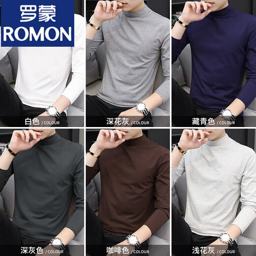 ROMON Modal half turtleneck long-sleeved T-shirt for men in autumn and winter plus velvet warm bottoming shirt with mid-collar autumn coat for men Modal-Black XL 135~150Jin Jin is equal to 0.5kg Slim fit
