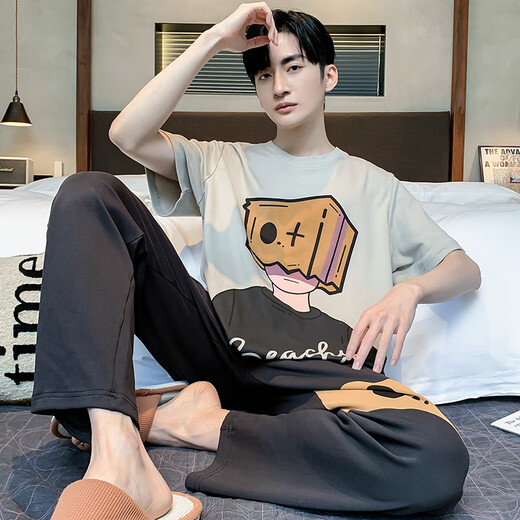 
JUNJUNSUIDIMEI Men's pajamas summer pure cotton short-sleeved trousers cartoon teenagers spring and autumn summer thin large-size home clothing set short-length-WB-671 Dingdang Cat L standard (high 165-170 100-125Jin [Jin equals 0.5 kg])
