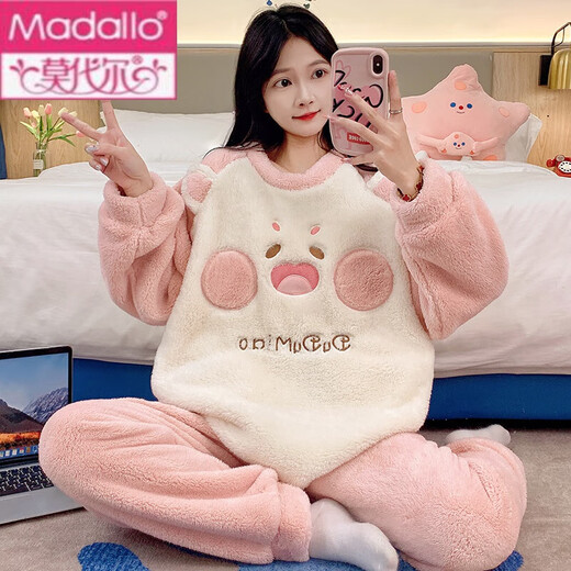 莫代尔珊瑚绒睡衣女春秋冬季加厚保暖甜美可爱法兰绒学生家居服套 3271蓝兔 XL 120-130斤