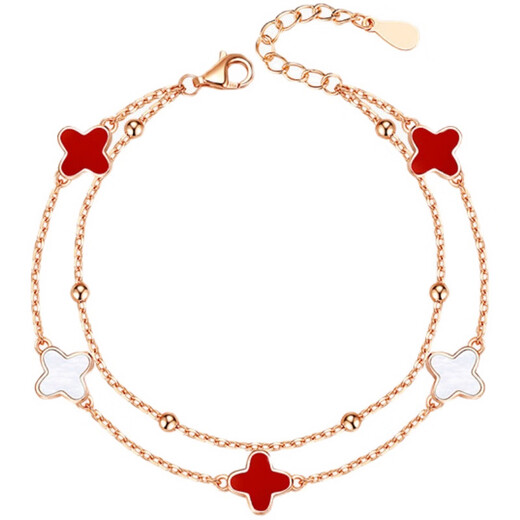 DL 1998 Fat Donglai same style 18k gold four-leaf clover bracelet 18K women's five-flowered red agate V gold 750 color gold double layer bracelet free rose gold black agate bracelet