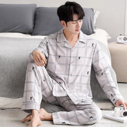 Hengyuanxiang Pajamas Men's Spring и осенняя хлопковая хлопковая хлопковая хлопковая хлопья с длинными рукавами мужская мужская одежда 2024 года.