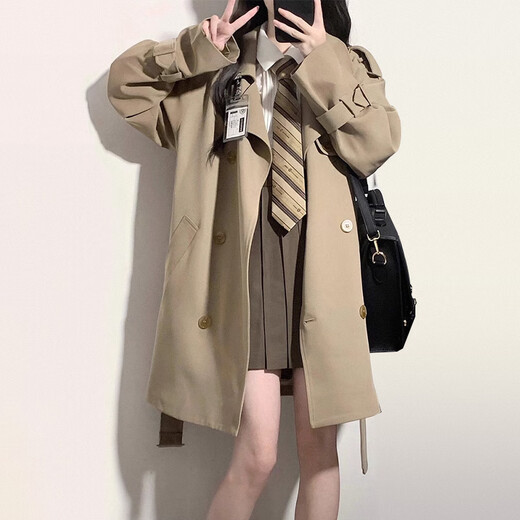 FOX.G Windbreaker Jacket Women's Mid-Length 2025 New Straight Autumn Women's Thin Style High-end Small Spring and Autumn Women's Clothing British Style Mid-Length Windbreaker Khaki S Recommended 130Jin Jin is equal to within 0.5kg