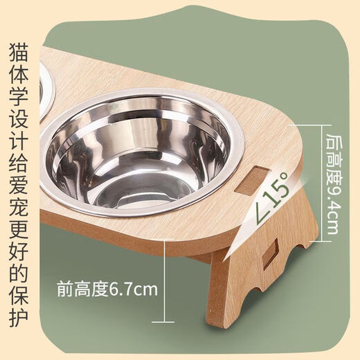 Junkiss cat bowl that cannot be knocked over, large capacity, extra large neck protection, anti-black chin kitten water bowl, stainless steel cat double bowl cat food basin, cedar wood color, large size - double bowl - food grade stainless steel basin - dry rice and drinking water