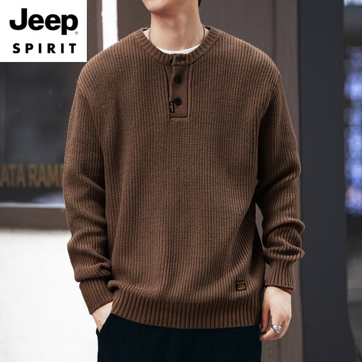 
JEEP SPIRIT2024 American retro knitted Henry shirt lazy style autumn and winter thickened vertical striped work pullover sweater men khaki S suitable for 90-110Jin [Jin equals 0.5 kg]