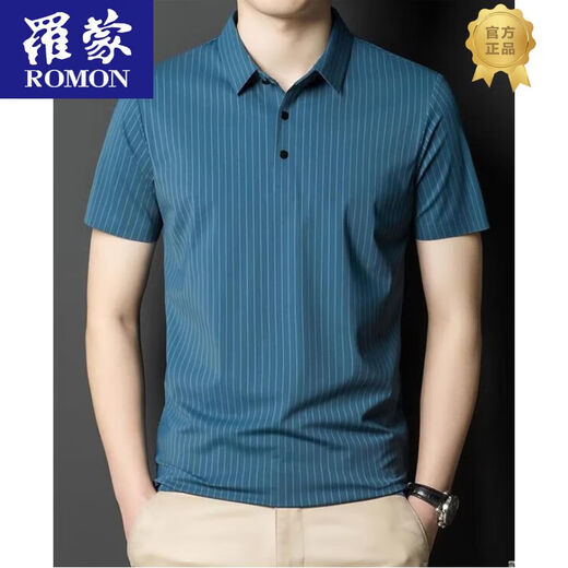 罗蒙（ROMON）2025夏季翻领无痕短袖T恤男士竖条纹休闲polo小衫男装潮流薄款 灰色 6996 M 170