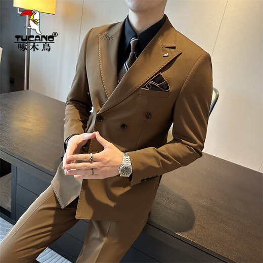 Woodpecker (TUCANO) brown double-breasted suit men's suit British slim men's large size suit three-piece wedding groom's suit trendy dark green (suit + vest + trousers) 4XL 58 (158-173Jin Jin equals 0.5 kg)