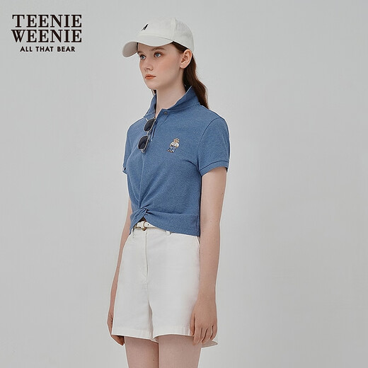 Teenie Weenie小熊POLO衫女2025年夏新款刺绣时尚舒适花纱刺绣短袖T恤女 浅蓝色 L