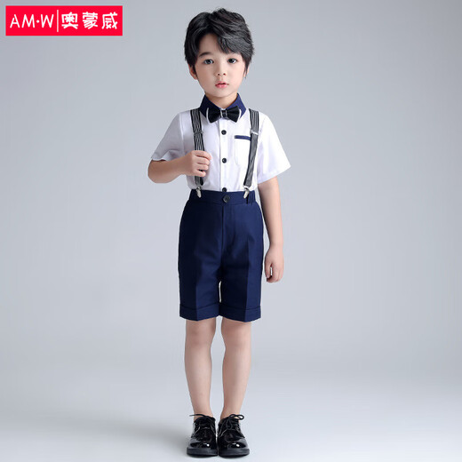 Ormondwei boys dress suit children's shirt overalls summer flower girl host suit kindergarten performance clothes 21109 white lining blue pants 110