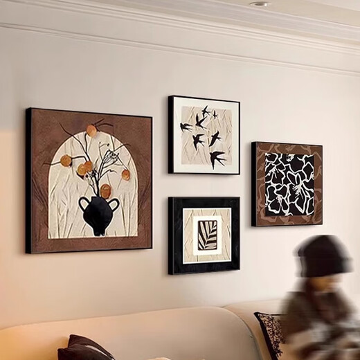 Kezhi mid-century high-end living room decoration painting sofa background wall abstract art mural French retro combination hanging painting Type A 50*50+30*30*2+40*40cm textured picture + black aluminum alloy frame