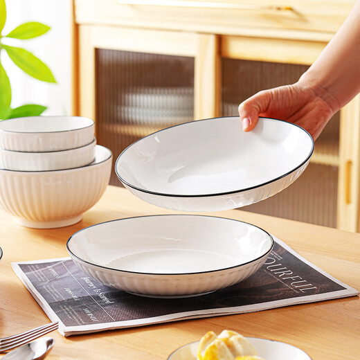 Kagawaya bowls, plates and tableware set, 6-head underglaze colored bowls and dishes set for one person, vertical black lines