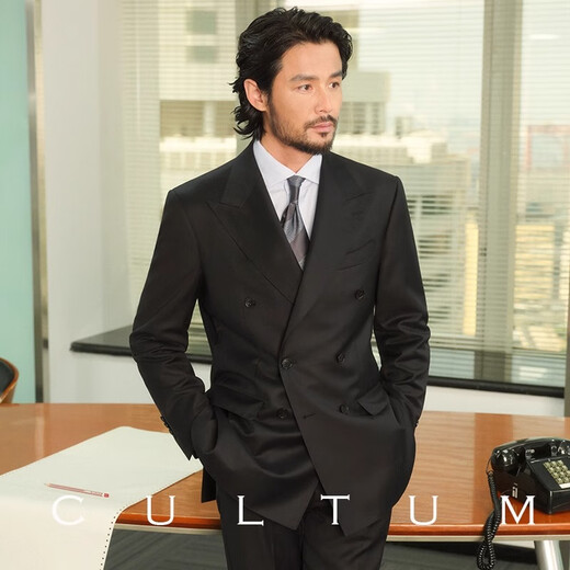 CULTUM high thread count, no ironing, machine washable, 70 wool business commuter suit, men's double-breasted suit jacket, pure black two-piece set 52 C