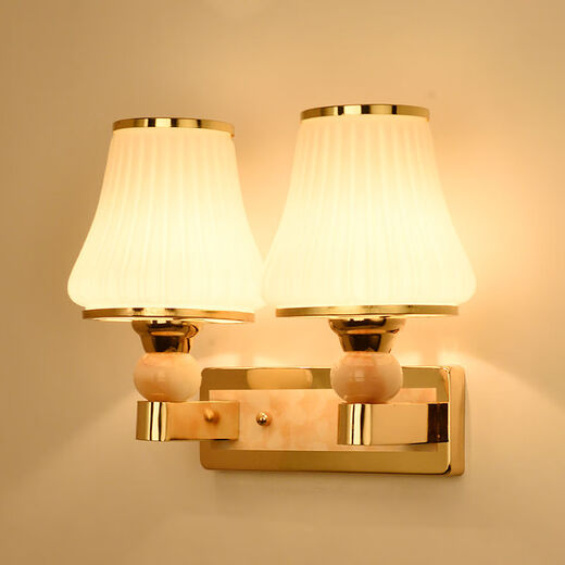 Micro wall lamp bedside lamp Nordic modern European style simple creative led American bedroom living room corridor staircase wall lamp 034 double head with pull switch-three-color LED bulb