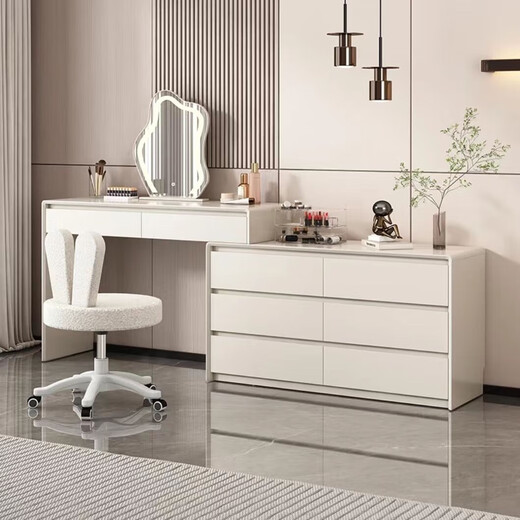 Solid wood dressing table, simple and modern cream style dressing table, bedroom storage cabinet, bedside drawer and integrated desk, milk coffee white, petal chair + cloud mirror, 40 width, door-to-door delivery and installation included