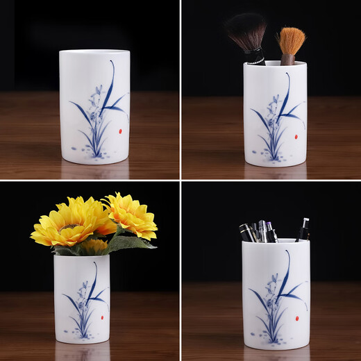 东方泥土陶瓷手绘彩梅兰竹菊笔筒教师节礼物感恩送老师同学可定制纪念礼品 兰花笔筒 釉下彩【青色】