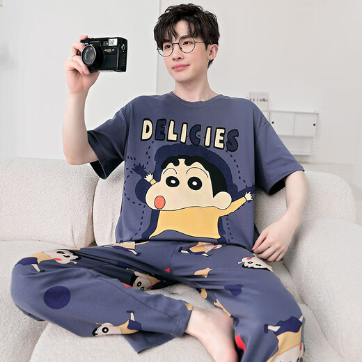 
JUNJUNSUIDIMEI Men's pajamas summer pure cotton short-sleeved trousers cartoon teenagers spring and autumn summer thin large-size home clothing set short-length-WB-671 Dingdang Cat L standard (high 165-170 100-125Jin [Jin equals 0.5 kg])