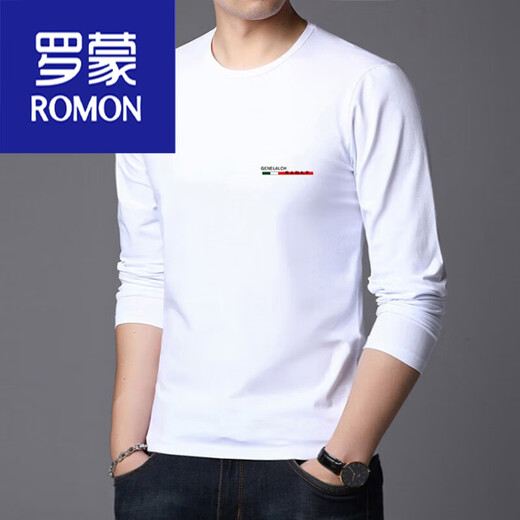ROMON pure cotton men's long-sleeved T-shirt bottoming shirt spring and autumn thin section young and middle-aged black men's autumn top white item number M723 L suitable for 120-135 Jin Jin equals 0.5 kg.