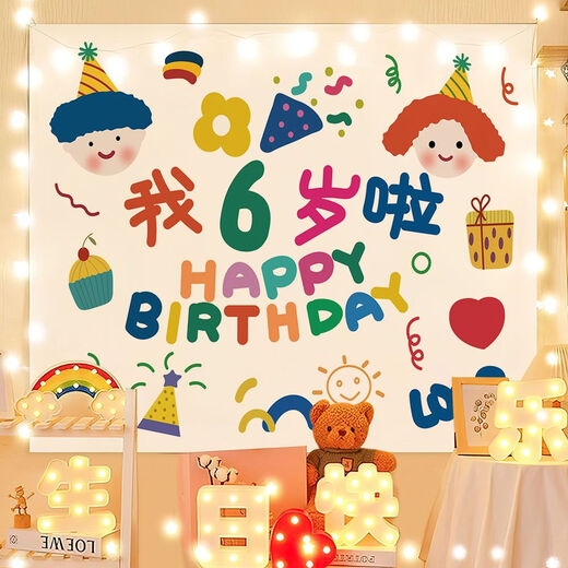 Yudou ins style birthday background cloth internet celebrity photo tapestry children's male and female baby birthday bedroom decoration hanging cloth party SR-Happy Birthday 1.5m*1.3m (installation package)