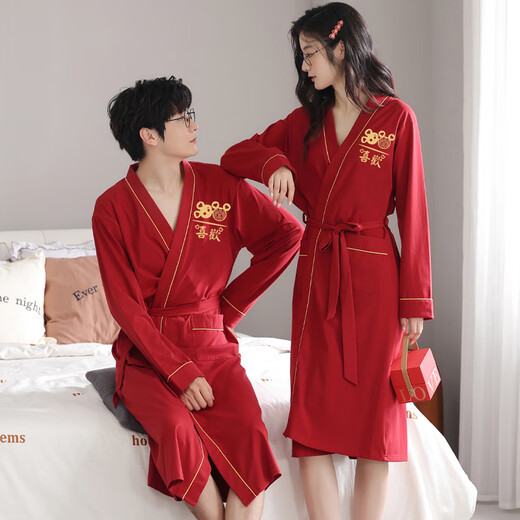 浪莎（LangSha）红色结婚情侣睡袍一男一女纯棉喜庆新婚睡衣浴袍家居服高档礼盒装 9922【礼盒装】 女L+男XL