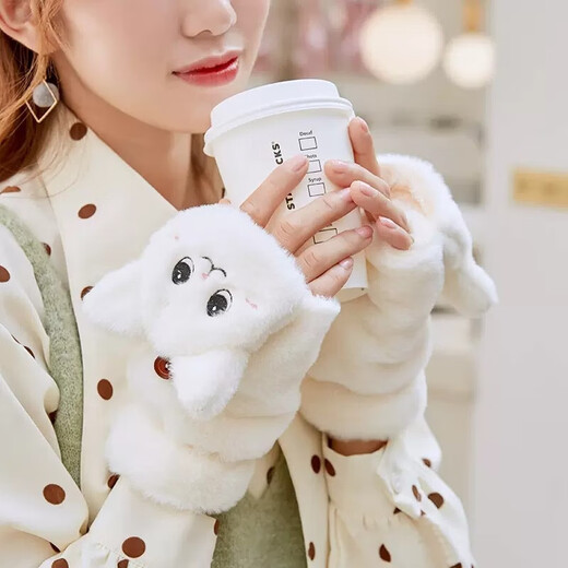 Changyin winter cartoon Korean style gloves for female students cute plus velvet thickened flip-up cycling cold-proof and warm plush gloves white