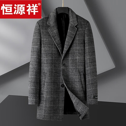 Hengyuanxiang large size plaid woolen coat men's medium-length thickened coat autumn and winter loose fat woolen windbreaker gray 5XL recommended weight 220-240Jin Jin equals 0.5 kg