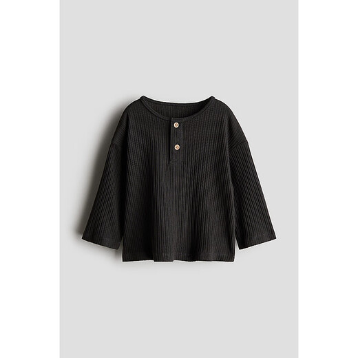 H&M children's clothing baby boy autumn ribbed henley cotton jersey long-sleeved top 1256083 green 90 52