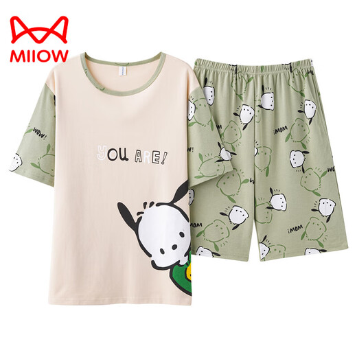 猫人（MiiOW）夏天女生纯·棉短袖睡衣甜美可爱初中生高中生大童女童家居服外穿 Q短1392格笑脸女 M码【70-90斤】
