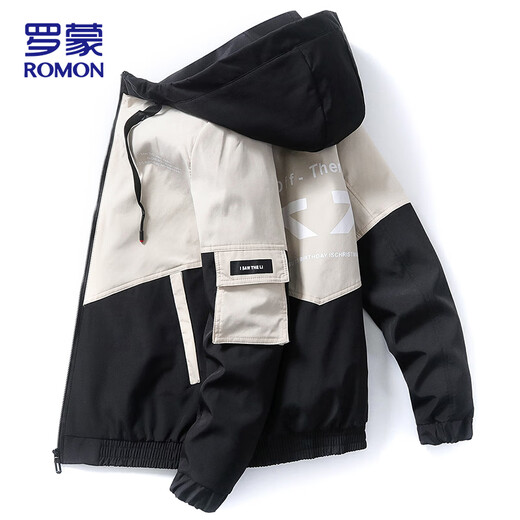 ROMON Jacket Men's Spring and Autumn Jacket Men's Hooded Trendy Casual Contrast Color Top Men's Light Blue XL