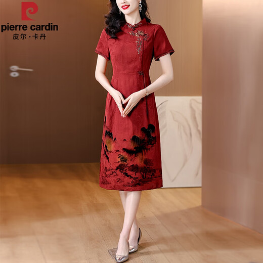 
Pierre cardin brand Xima Xiangyunsha dress for women 2025 new style mom temperament dress imitation silk modified cheongsam day red JY-9906 4XL