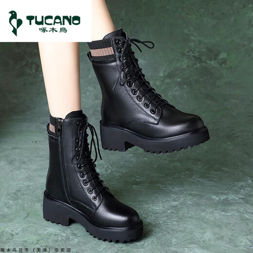 Woodpecker True Soft Leather Martin Boots Women's 2023 Autumn and Winter New Product Plus Fleece Warm Soft Soft Sole Anti-Slip Fashion Thick Heel Middle-aged Middle-aged Boots Black Brown (added Fleece) 38