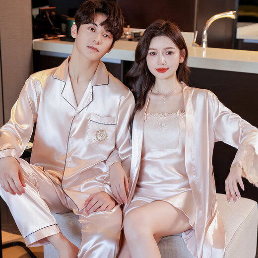 Modal high-end couple pajamas for women in spring and autumn, ice silk sexy nightgown, summer long-sleeved men's home wear set, two sets of love champagne long-sleeved M female (180) male XXL size