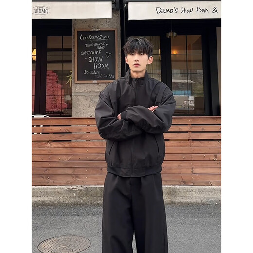 POUM男装联名工装夹克男春秋新款潮牌美式宽松双拉链青少年设计感外套 CLH-Y6629黑色 2XL